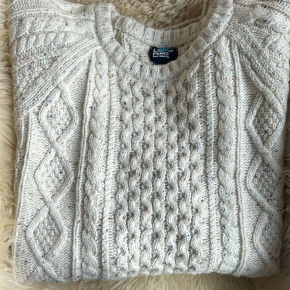 Land's End Cotton Blend Aran Cable Crew Neck Sweater Ivory Tweed Heavy XL Tall - Picture 11 of 14